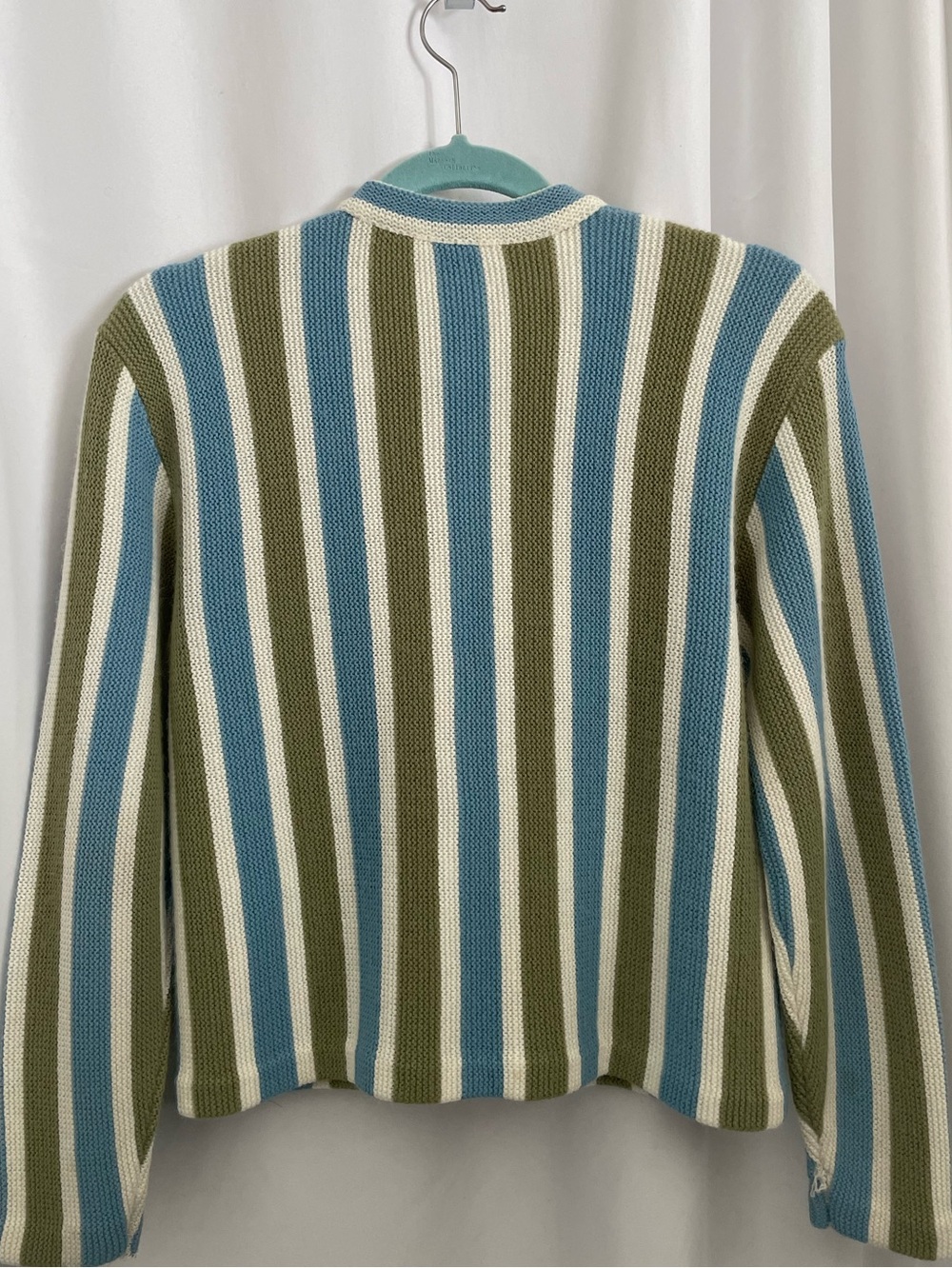 Vintage 60s Striped Crewneck Sweater Cardigan - Blue, Avocado Green & Cream - Picture 2 of 8